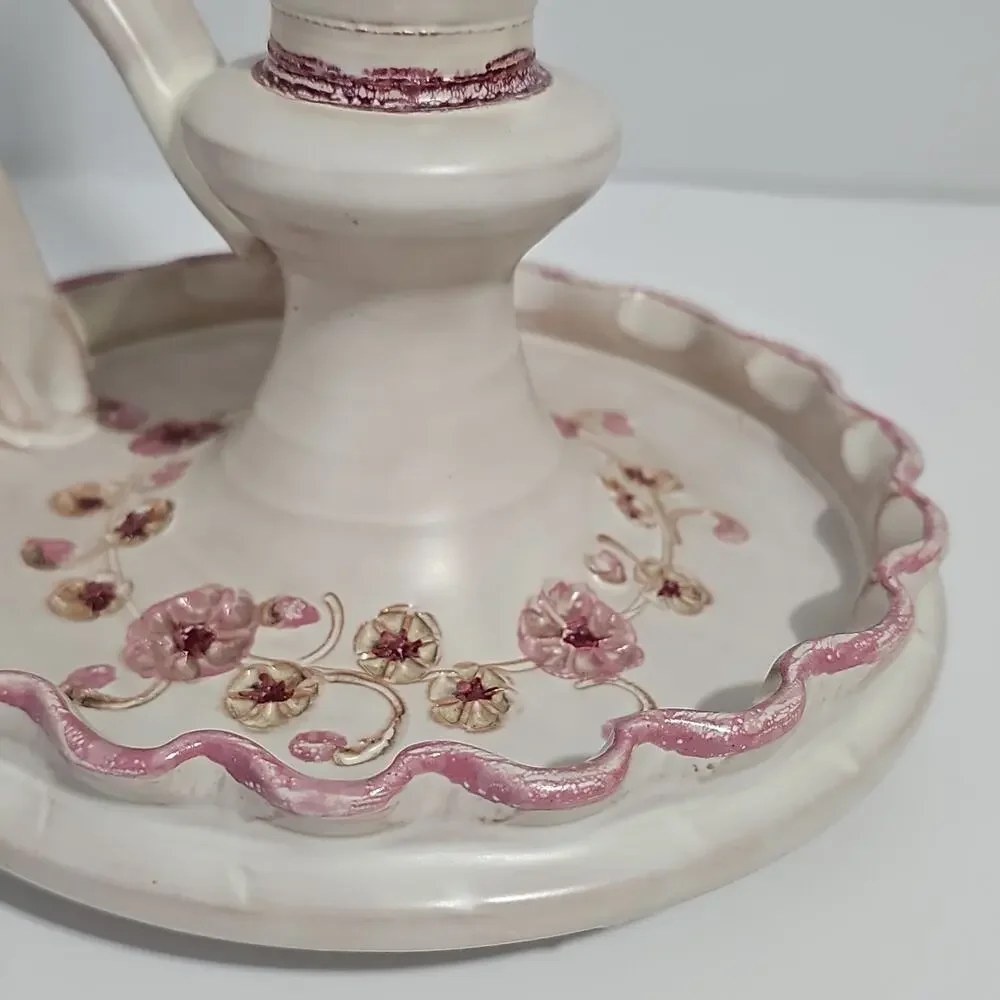 Hand Painted Ceramic Chamberstick Candle Holder Pink Scallop Edge Floral Motif